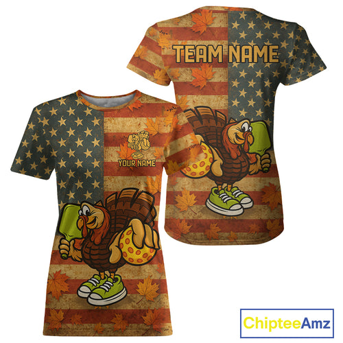 Custom Turkey Funny Thanksgiving Pickleball T-Shirt For Women Patriotic Pickleball Jersey NYN1495