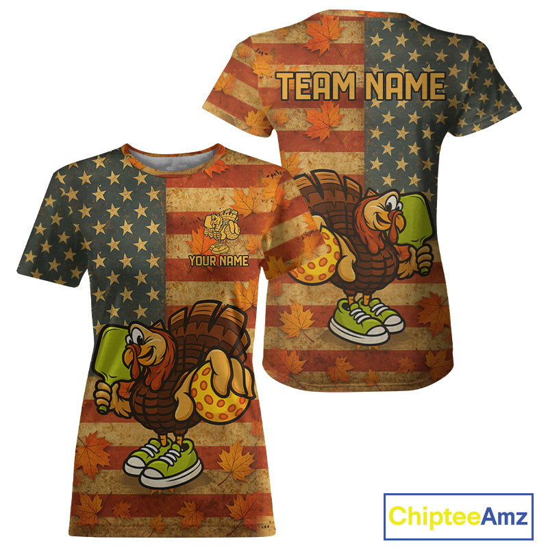 Custom Turkey Funny Thanksgiving Pickleball T-Shirt For Women Patriotic Pickleball Jersey NYN1495