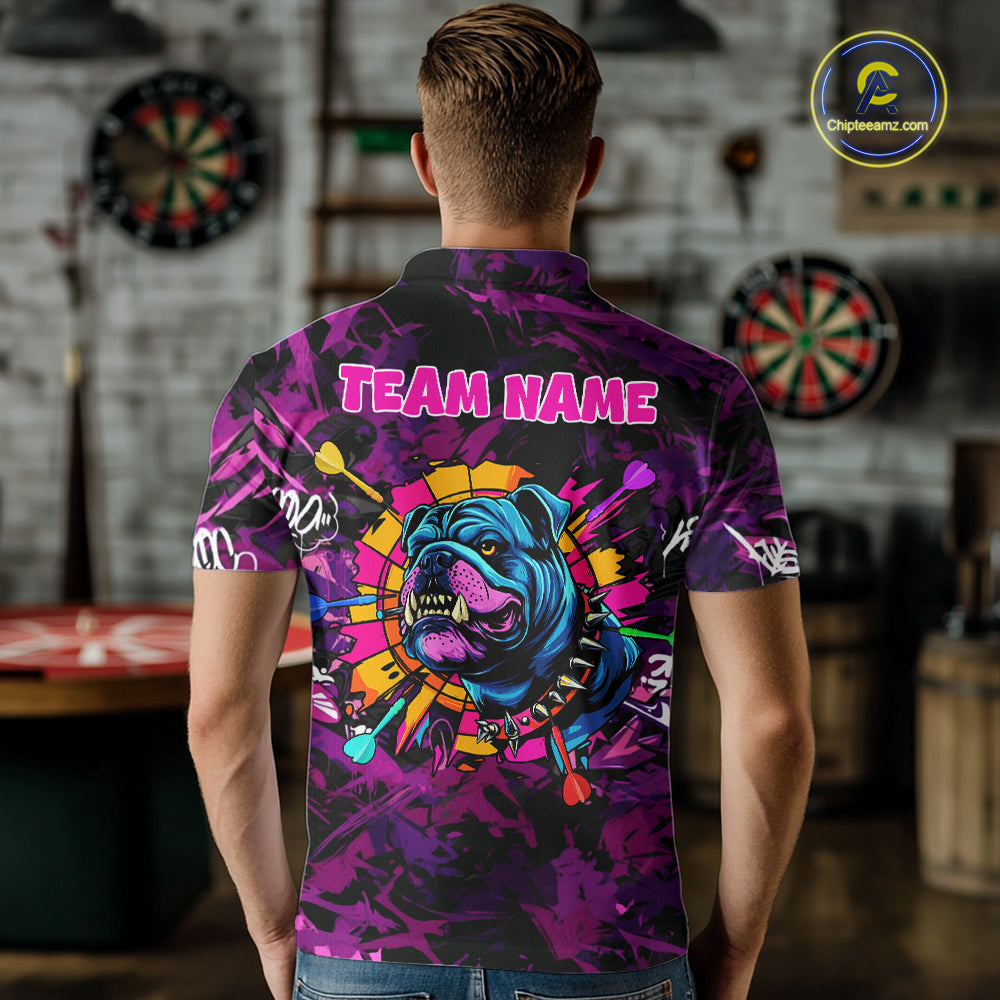 Purple Grunge Darts Shirt For Men Angry Bulldog Dartboard Team Jersey Custom Funny Dart Team Shirt NYN4600