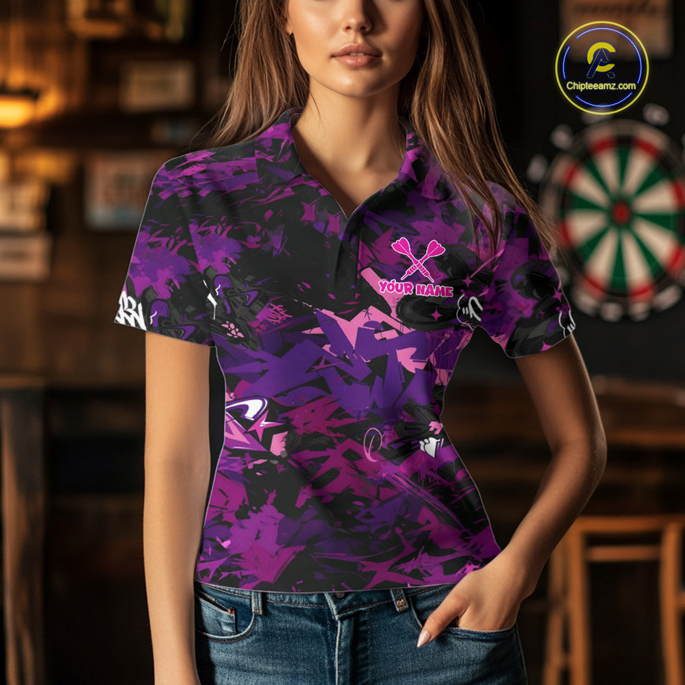 Purple Grunge Darts Shirt For Women Angry Bulldog Dartboard Team Jersey Custom Funny Dart Team Shirt NYN4600