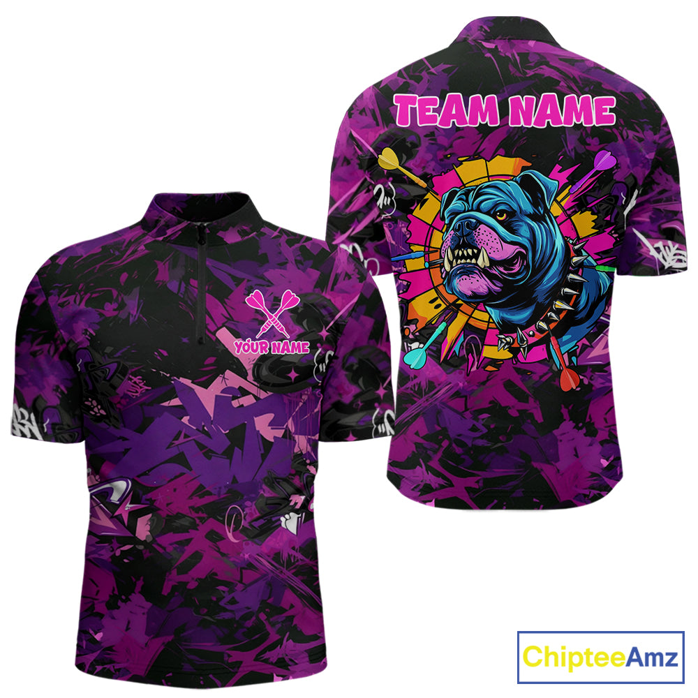 Purple Grunge Darts Shirt For Men Angry Bulldog Dartboard Team Jersey Custom Funny Dart Team Shirt NYN4600