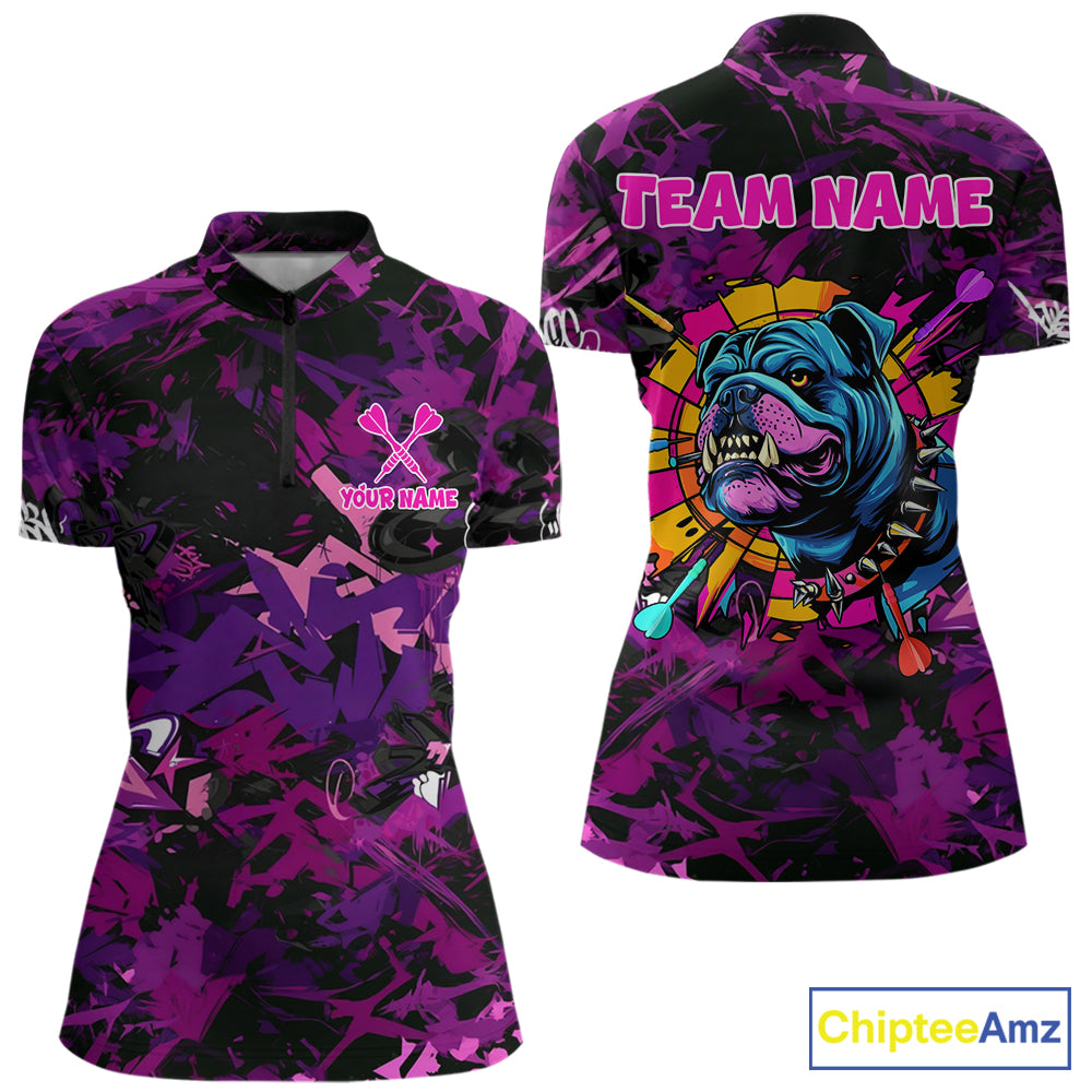 Purple Grunge Darts Shirt For Women Angry Bulldog Dartboard Team Jersey Custom Funny Dart Team Shirt NYN4600