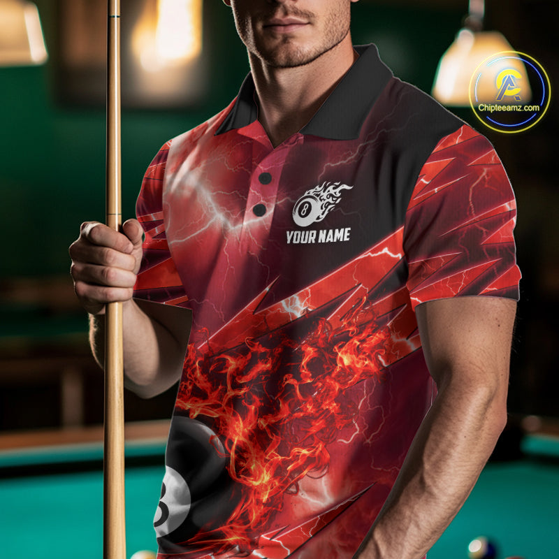 Personalized Red Lightning Billiards Polo 1/4-Zip Shirt For Men Fire Flame 8 Ball Pool Team Jersey NYN4601