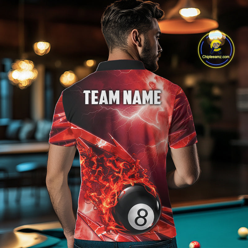 Personalized Red Lightning Billiards Polo 1/4-Zip Shirt For Men Fire Flame 8 Ball Pool Team Jersey NYN4601
