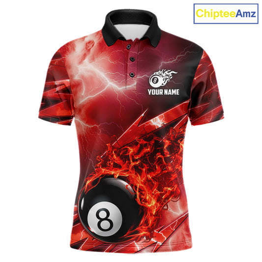 Personalized Red Lightning Billiards Polo 1/4-Zip Shirt For Men Fire Flame 8 Ball Pool Team Jersey NYN4601