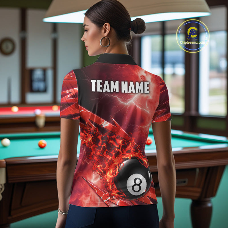 Personalized Red Lightning Billiards Polo 1/4-Zip Shirt For Women Fire Flame 8 Ball Pool Team Jersey NYN4601