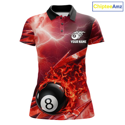Personalized Red Lightning Billiards Polo 1/4-Zip Shirt For Women Fire Flame 8 Ball Pool Team Jersey NYN4601
