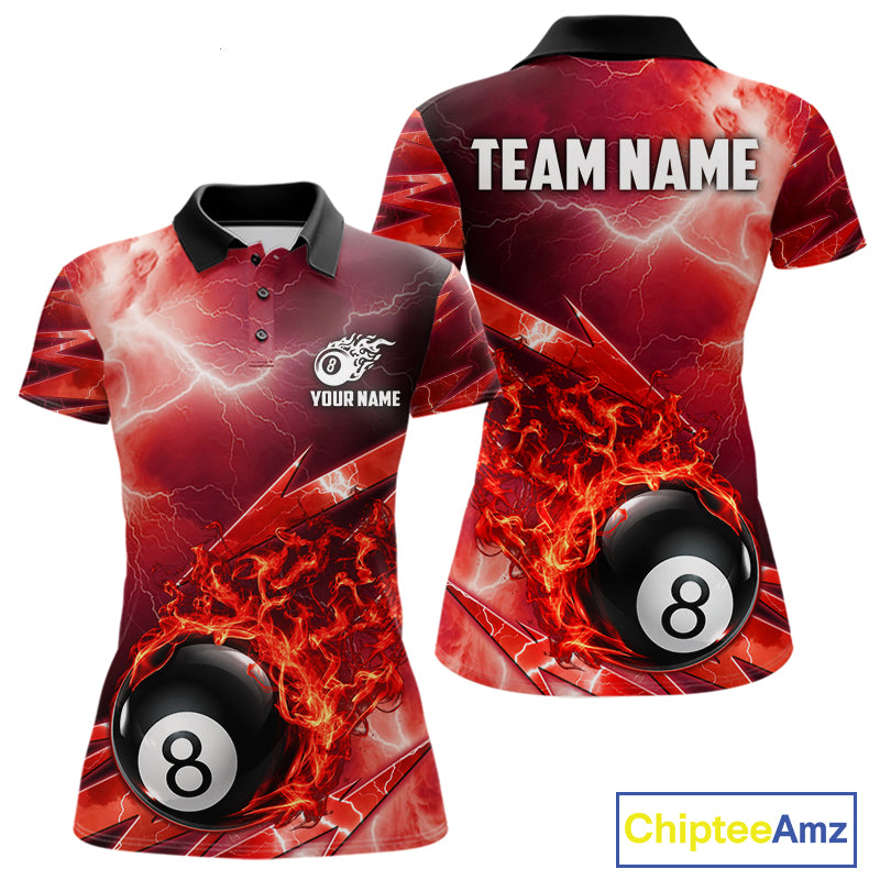 Personalized Red Lightning Billiards Polo 1/4-Zip Shirt For Women Fire Flame 8 Ball Pool Team Jersey NYN4601