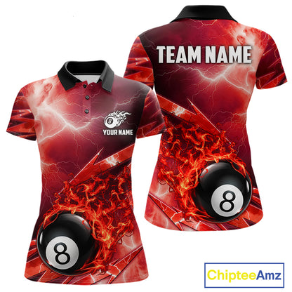 Personalized Red Lightning Billiards Polo 1/4-Zip Shirt For Women Fire Flame 8 Ball Pool Team Jersey NYN4601
