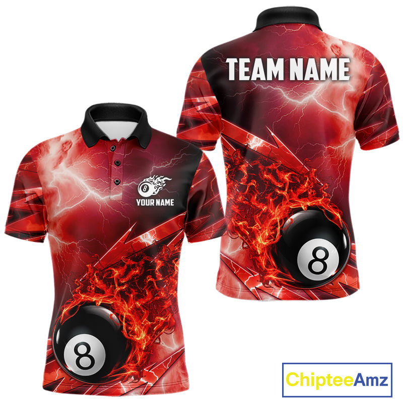 Personalized Red Lightning Billiards Polo 1/4-Zip Shirt For Men Fire Flame 8 Ball Pool Team Jersey NYN4601