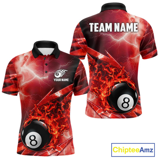 Personalized Red Lightning Billiards Polo 1/4-Zip Shirt For Men Fire Flame 8 Ball Pool Team Jersey NYN4601