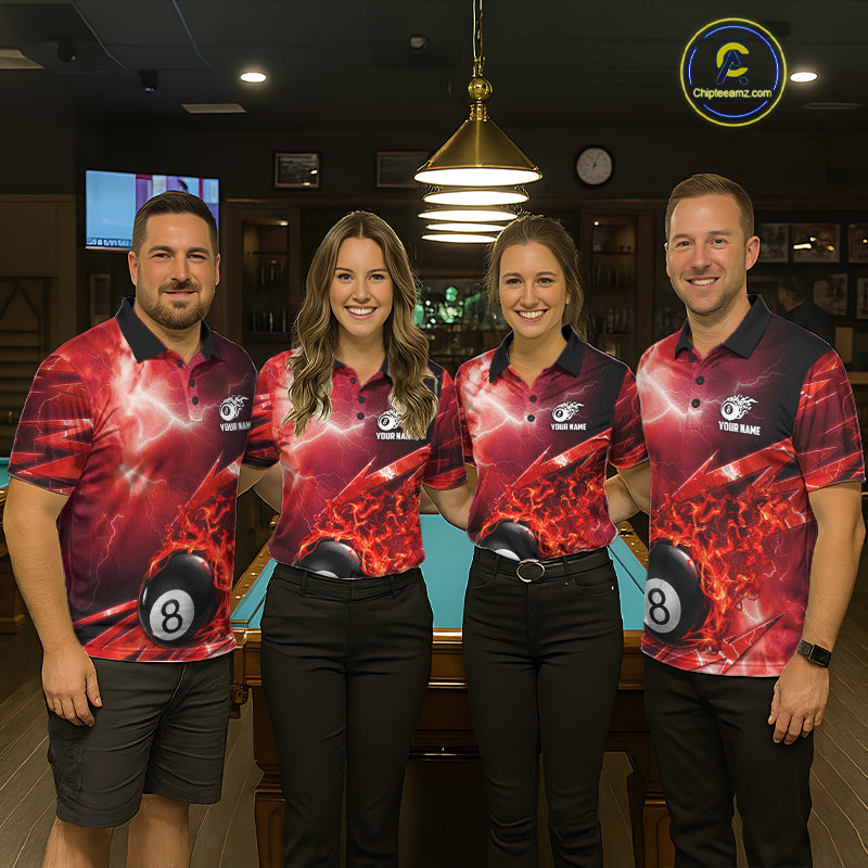 Personalized Red Lightning Billiards Polo 1/4-Zip Shirt For Men Fire Flame 8 Ball Pool Team Jersey NYN4601