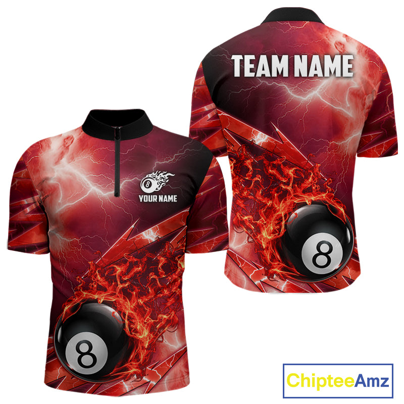 Personalized Red Lightning Billiards Polo 1/4-Zip Shirt For Men Fire Flame 8 Ball Pool Team Jersey NYN4601