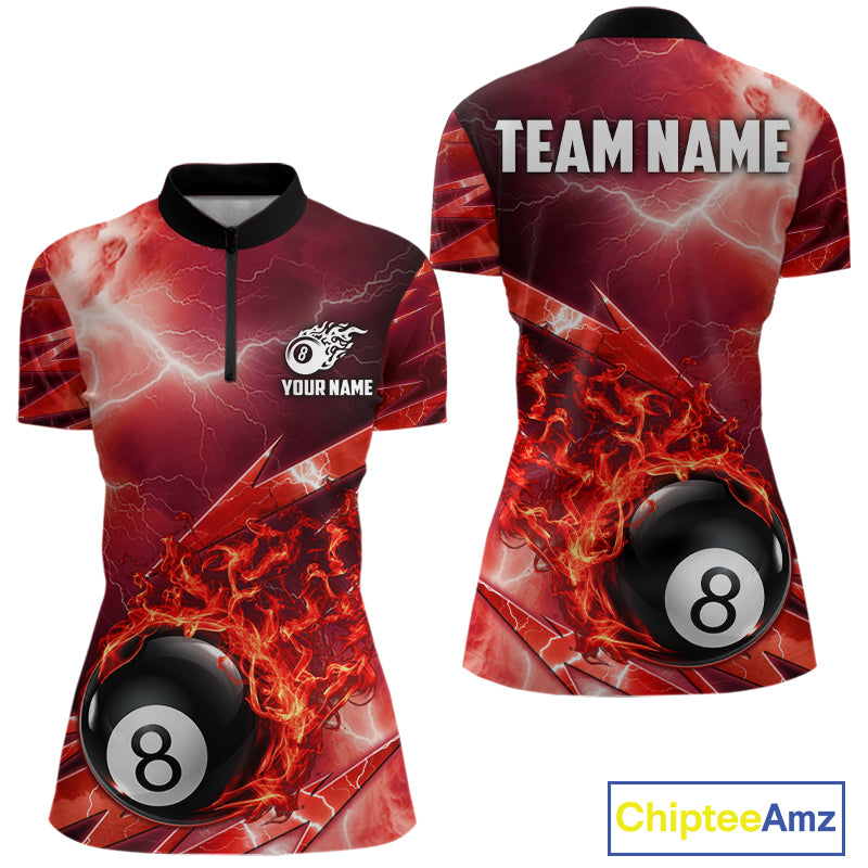 Personalized Red Lightning Billiards Polo 1/4-Zip Shirt For Women Fire Flame 8 Ball Pool Team Jersey NYN4601