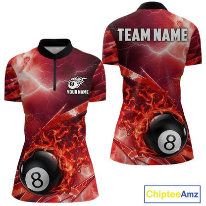 Personalized Red Lightning Billiards Polo 1/4-Zip Shirt For Women Fire Flame 8 Ball Pool Team Jersey NYN4601