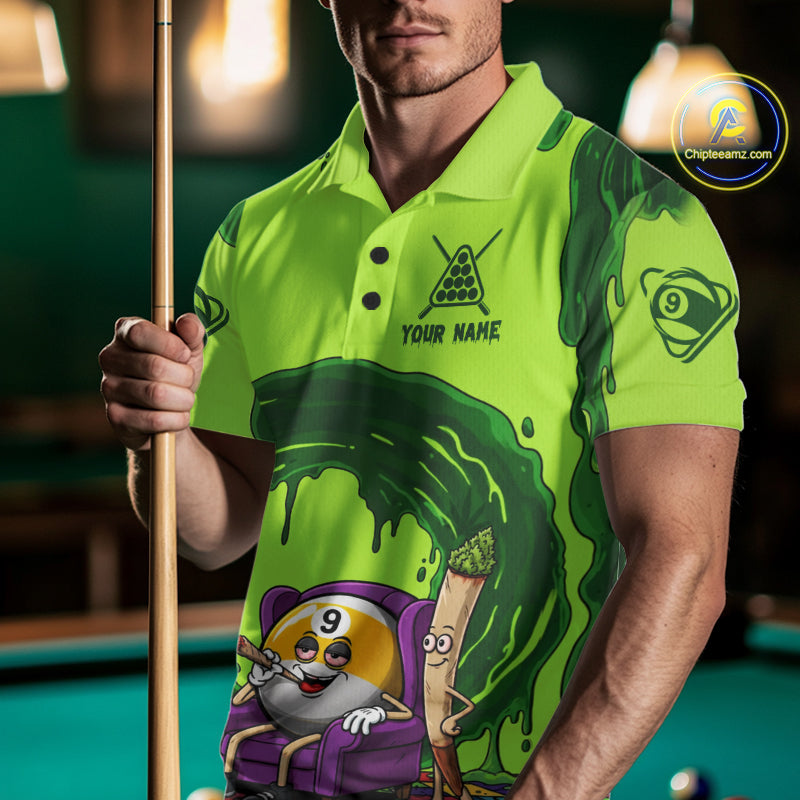 Green Dripping Funny Smoking 9-Ball Billiard Pool Shirt For Men Custom Billiard Team Jerseys NYN4608