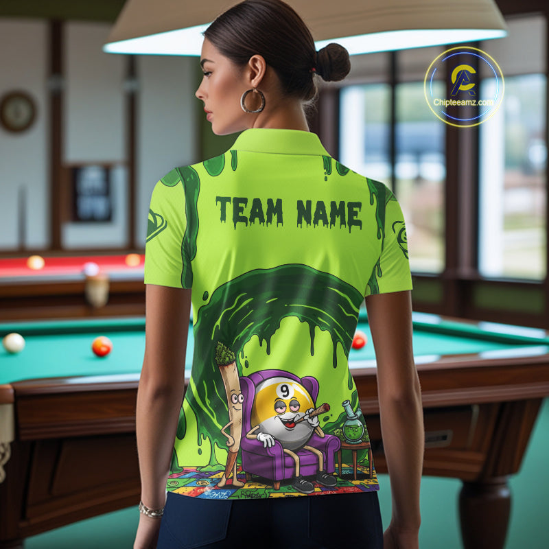 Green Dripping Funny Smoking 9-Ball Billiard Pool Shirt For Women Custom Billiard Team Jerseys NYN4608