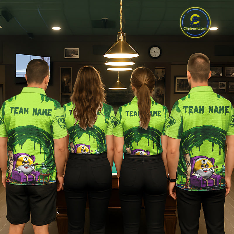 Green Dripping Funny Smoking 9-Ball Billiard Pool Shirt For Men Custom Billiard Team Jerseys NYN4608