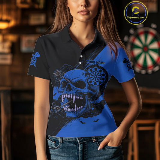Custom Blue Horror Skull Smokes Dartboard Women Polo Dart Shirt Grunge Dart Jerseys NYN2028