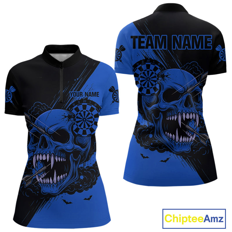 Custom Blue Horror Skull Smokes Dartboard Women Quarter-Zip Dart Shirt Grunge Dart Jerseys NYN2028