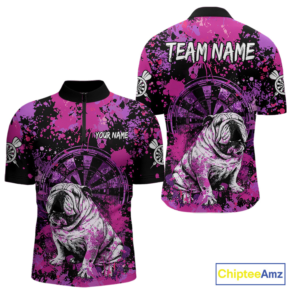 Custom Purple Splash Funny Bulldog Men Darts Quarter-Zip League Shirts Splatter Dart Team Jerseys NYN2254