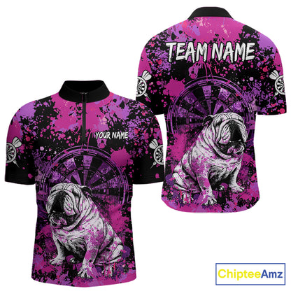 Custom Purple Splash Funny Bulldog Men Darts Quarter-Zip League Shirts Splatter Dart Team Jerseys NYN2254