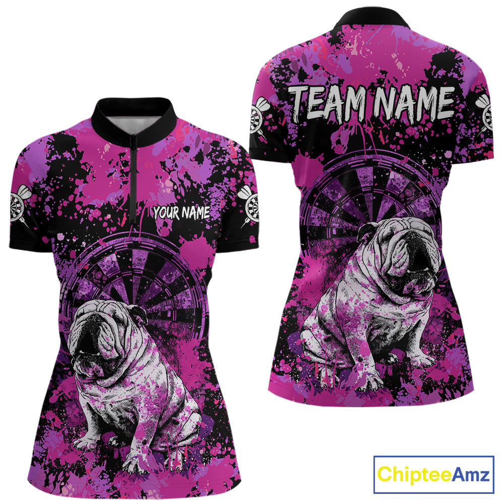 Custom Purple Splash Funny Bulldog Women Darts Quarter-Zip League Shirts Splatter Dart Team Jerseys NYN2254