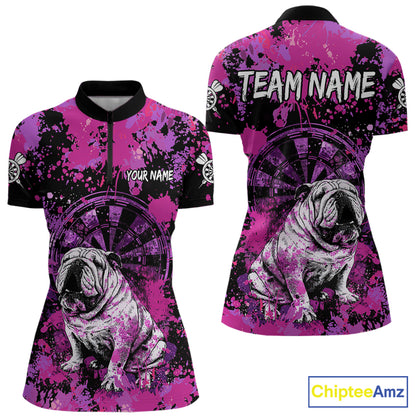 Custom Purple Splash Funny Bulldog Women Darts Quarter-Zip League Shirts Splatter Dart Team Jerseys NYN2254
