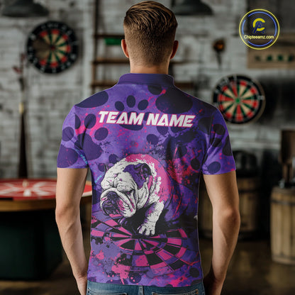 Pink & Purple Splatter Funny Lazy Bulldog Custom Men Darts Polo Shirts Dart League Jerseys NYN2256