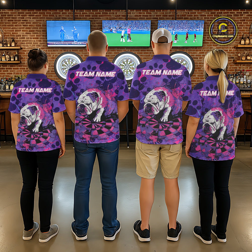 Pink & Purple Splatter Funny Lazy Bulldog Custom Men Darts Quarter-Zip Shirts Dart League Jerseys NYN2256
