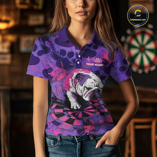 Pink & Purple Splatter Funny Lazy Bulldog Custom Women Darts Polo Shirts Dart League Jerseys NYN2256