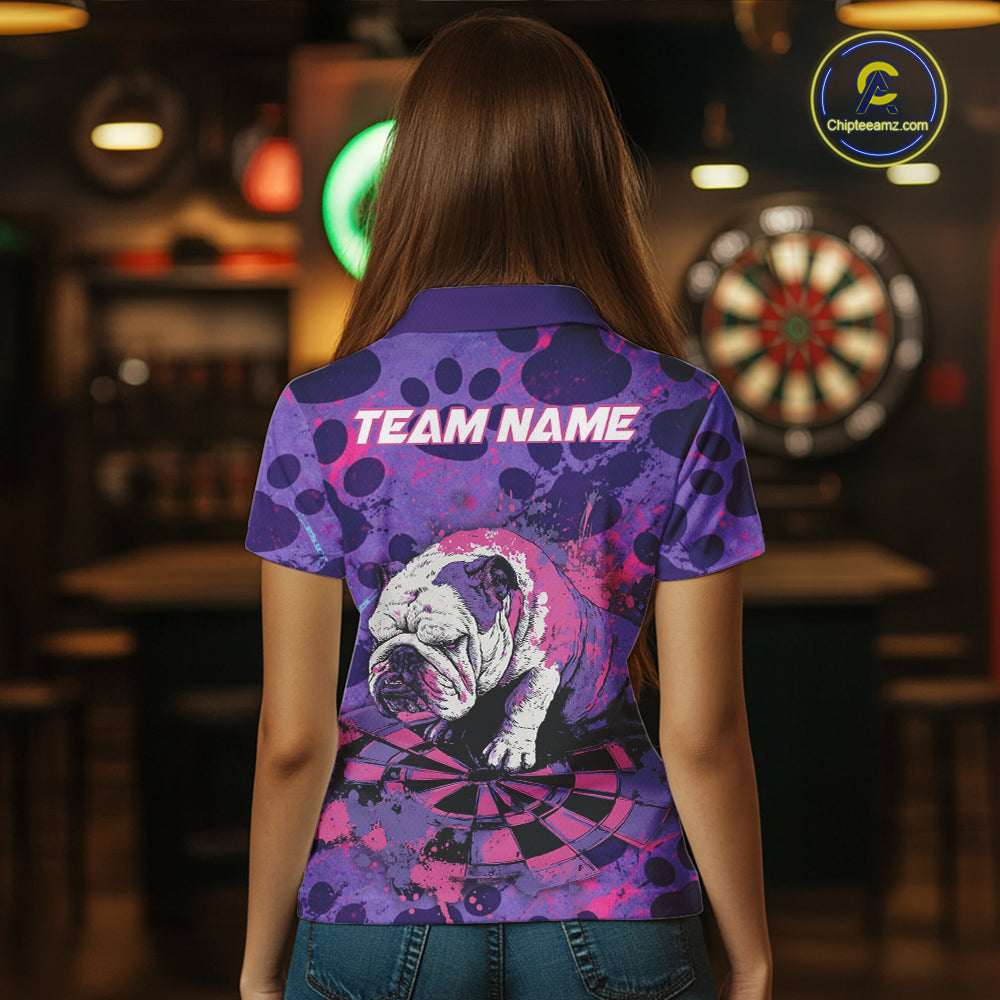 Pink & Purple Splatter Funny Lazy Bulldog Custom Women Darts Polo Shirts Dart League Jerseys NYN2256