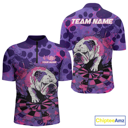 Pink & Purple Splatter Funny Lazy Bulldog Custom Men Darts Quarter-Zip Shirts Dart League Jerseys NYN2256