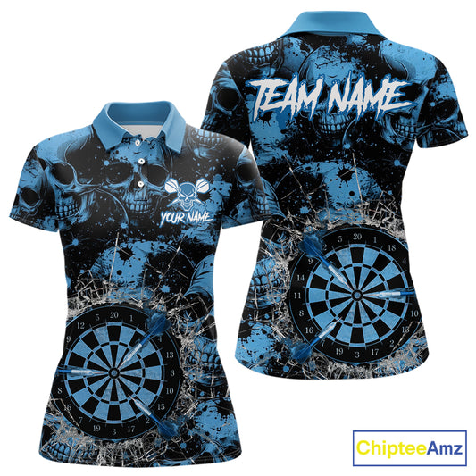 Blue Grunge Skull Cracked Glass Dartboard Custom Women Darts Polo Shirts Dart Team Jerseys NYN2258