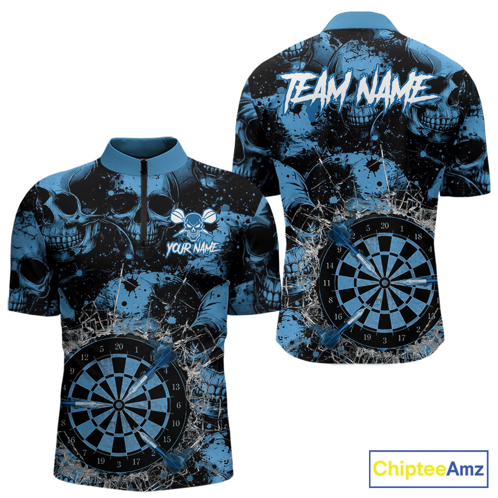 Blue Grunge Skull Cracked Glass Dartboard Custom Men Darts Quarter-Zip Shirts Dart Team Jerseys NYN2258