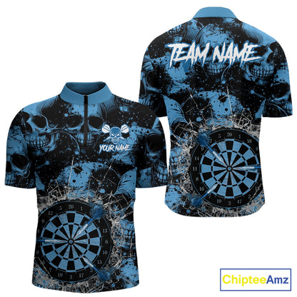 Blue Grunge Skull Cracked Glass Dartboard Custom Men Darts Quarter-Zip Shirts Dart Team Jerseys NYN2258