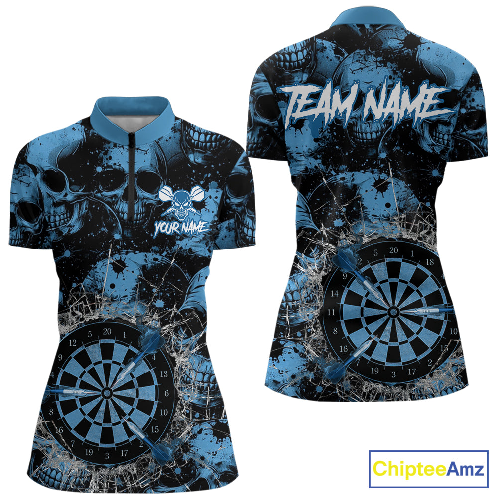 Blue Grunge Skull Cracked Glass Dartboard Custom Women Darts Quarter-Zip Shirts Dart Team Jerseys NYN2258