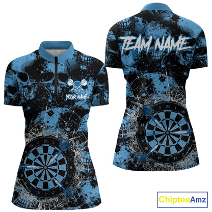 Blue Grunge Skull Cracked Glass Dartboard Custom Women Darts Quarter-Zip Shirts Dart Team Jerseys NYN2258