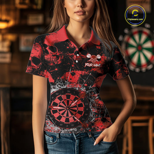 Red Grunge Skull Cracked Glass Dartboard Custom Women Darts Polo Shirts Dart Team Jerseys NYN2259