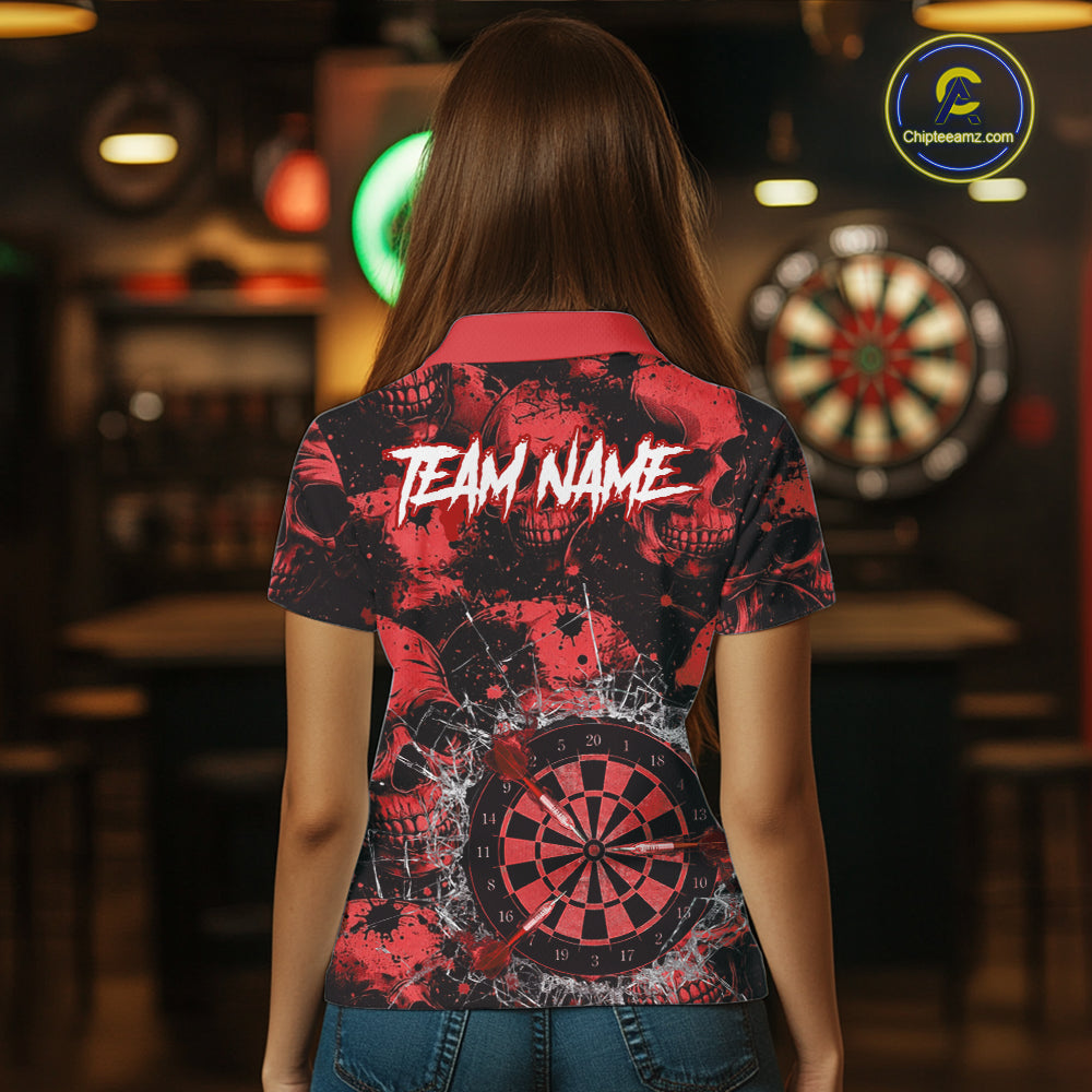 Red Grunge Skull Cracked Glass Dartboard Custom Women Darts Polo Shirts Dart Team Jerseys NYN2259
