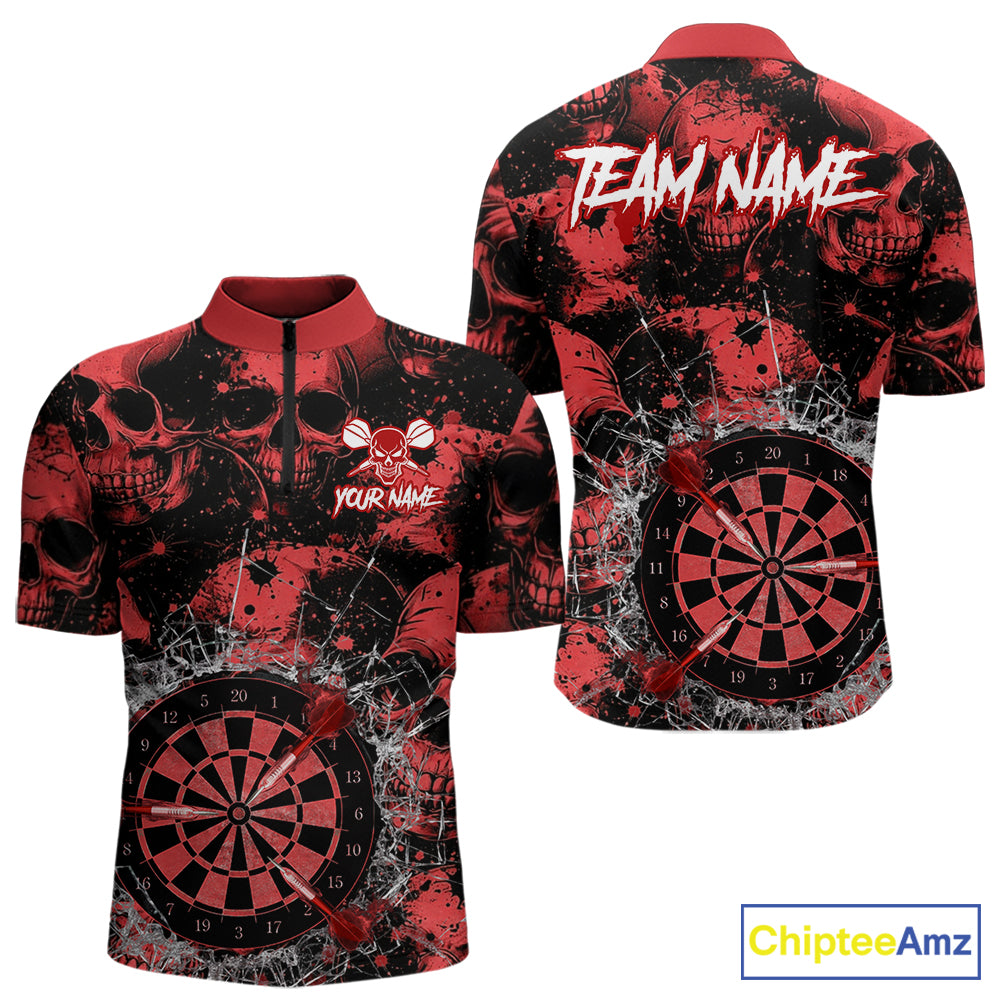 Red Grunge Skull Cracked Glass Dartboard Custom Men Darts Quarter-Zip Shirts Dart Team Jerseys NYN2259