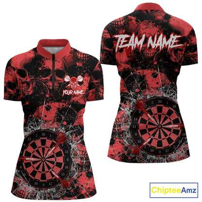 Red Grunge Skull Cracked Glass Dartboard Custom Women Darts Quarter-Zip Shirts Dart Team Jerseys NYN2259