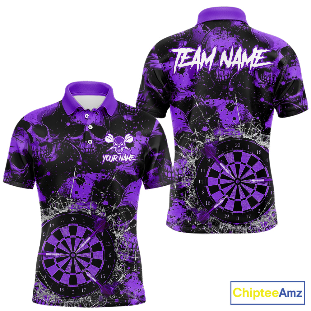 Purple Grunge Skull Cracked Glass Dartboard Custom Men Darts Polo Shirts Dart Team Jerseys NYN2260