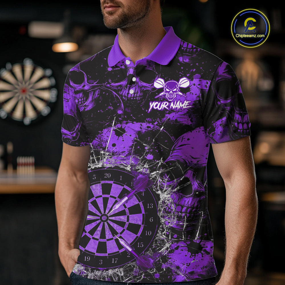Purple Grunge Skull Cracked Glass Dartboard Custom Men Darts Polo Shirts Dart Team Jerseys NYN2260