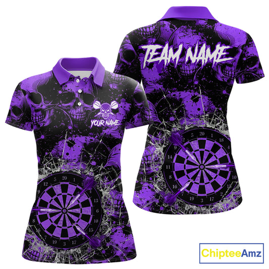 Purple Grunge Skull Cracked Glass Dartboard Custom Women Darts Polo Shirts Dart Team Jerseys NYN2260