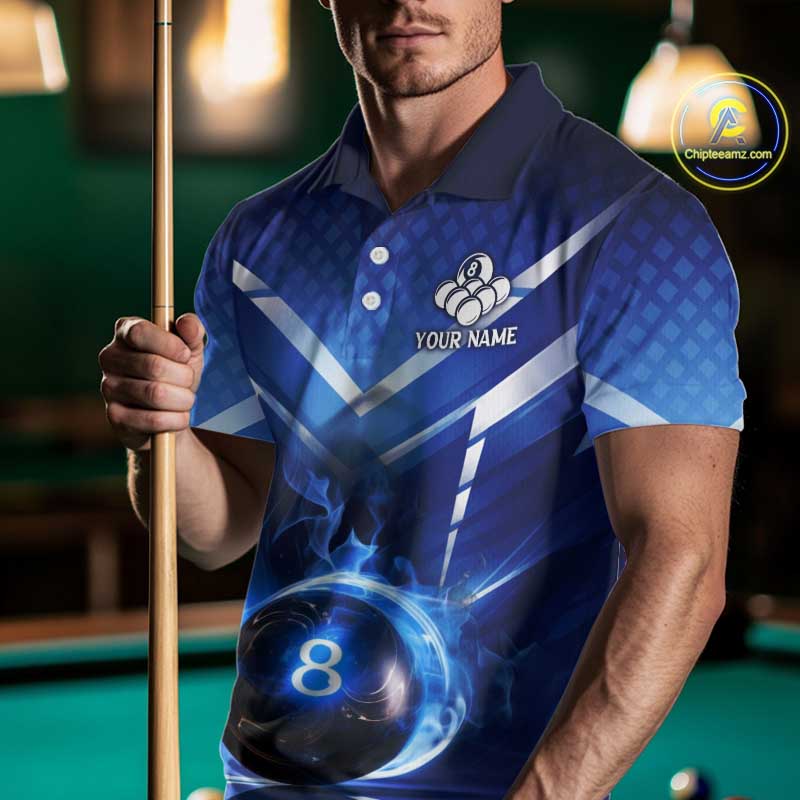 Personalized Blue & Silver Billiard 3D Shirts For Men Ball 8 Flame Billiard Jerseys For Gifts NYN2923