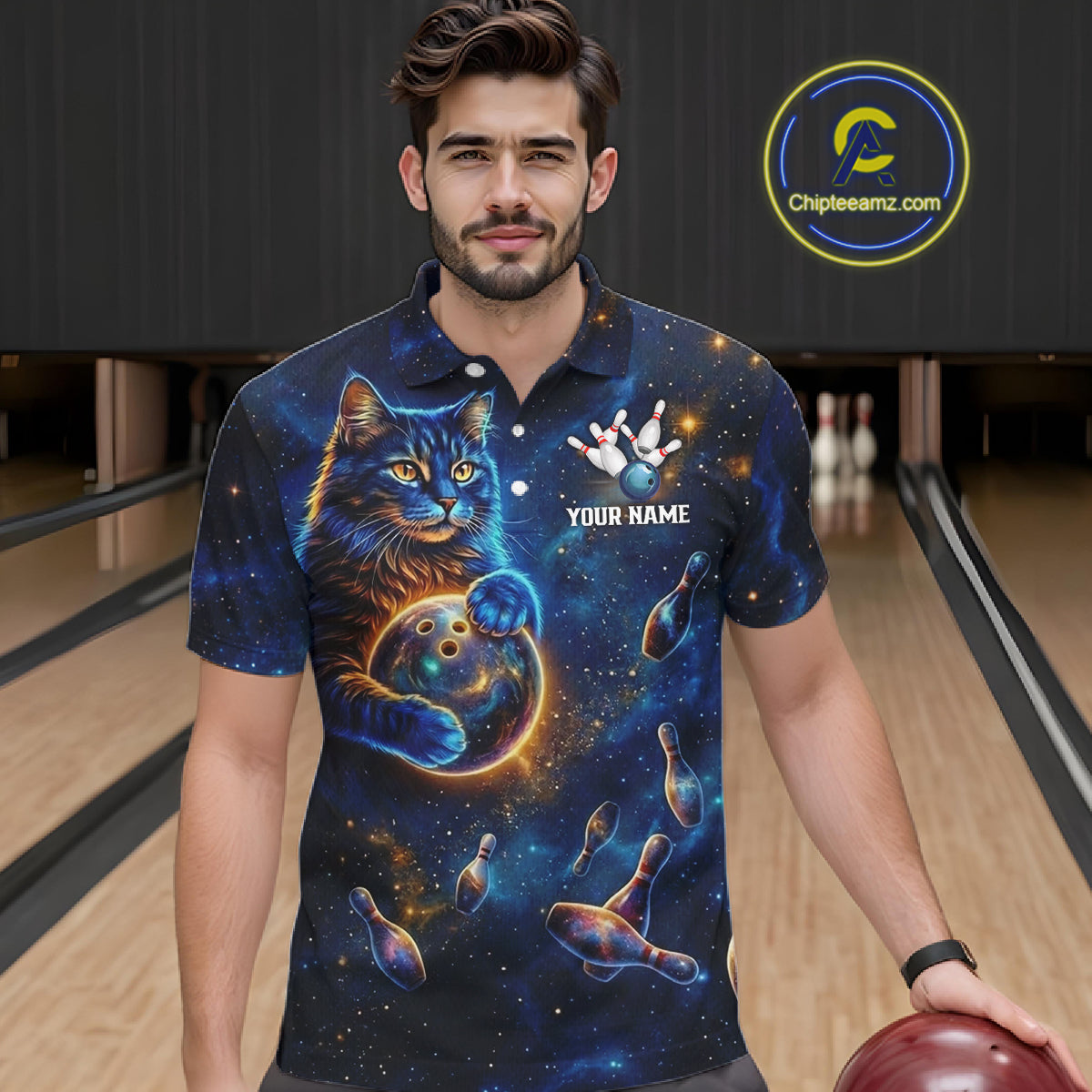 Custom Galaxy Blue Funny Cat Bowling Team Shirt Bowling Jersey Polo & 1/4 Zip Bowling Unisex For Men NYN3123