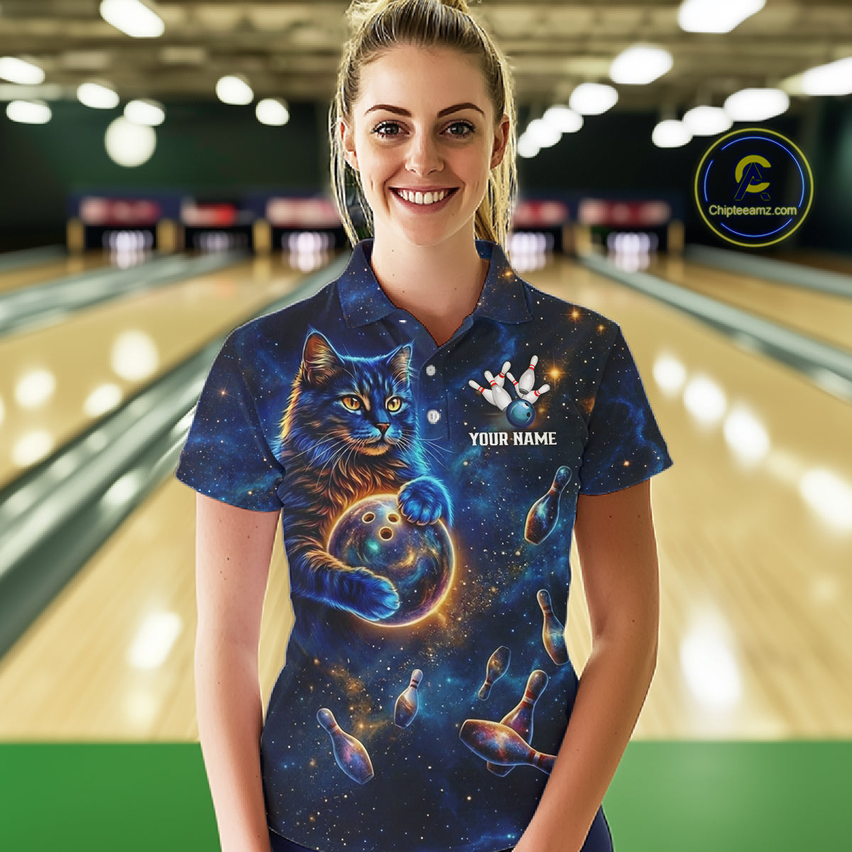 Custom Galaxy Blue Funny Cat Bowling Team Shirt Bowling Jersey Polo & 1/4 Zip Bowling Unisex For Women NYN3123