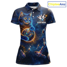 Load image into Gallery viewer, Custom Galaxy Blue Funny Cat Bowling Team Shirt Bowling Jersey Polo &amp; 1/4 Zip Bowling Unisex For Women NYN3123