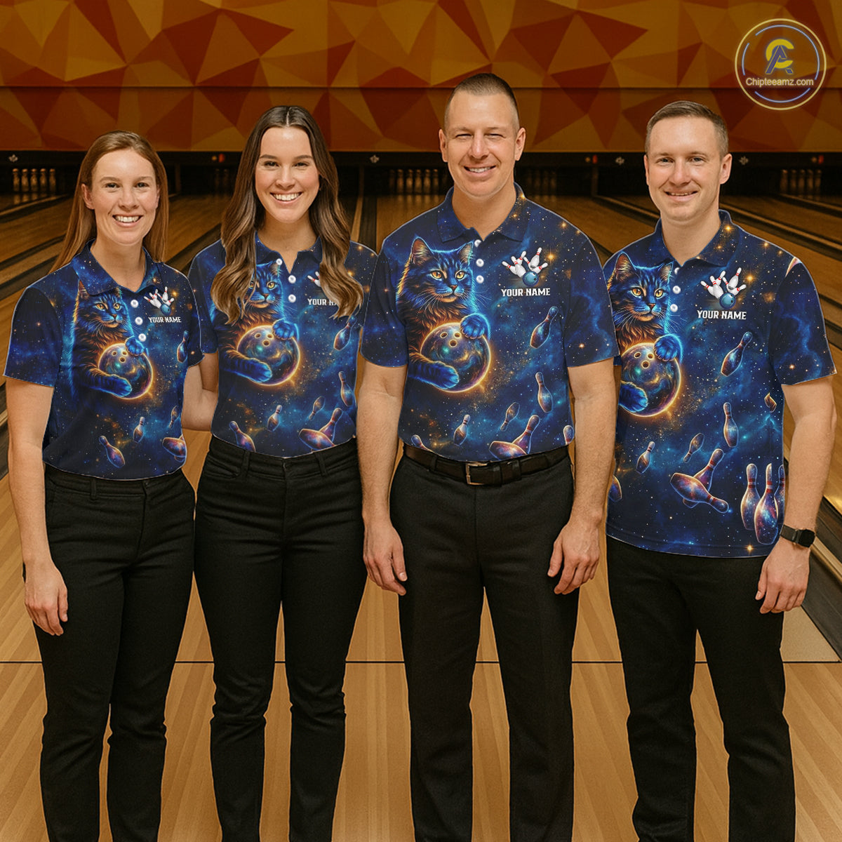 Custom Galaxy Blue Funny Cat Bowling Team Shirt Bowling Jersey Polo & 1/4 Zip Bowling Unisex For Men NYN3123